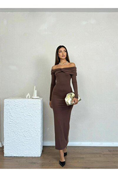 Nesil Дълга рокля с лодка деколте, дълги ръкави, прилепваща, за специални поводи, елегантна дамска рокля