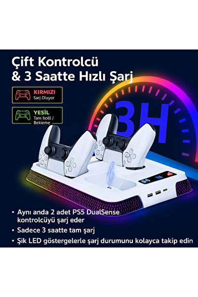 cosmostech Ps5 Pro/Slim/Fat Playstation 5 CD ve Dijital Uyumlu RGB-LED Sd-66 Cooling Soğutuculu Şarjlı Stand
