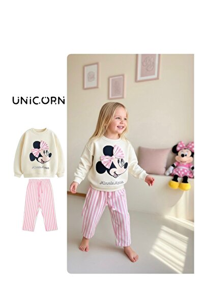 UNICORN Barbosa Sweatshirt ve Kot Canvas Dokuma Pantolon Kız Çoçuk Tak (Daisy Duck - Minnie Mause 3D Fiyonk)