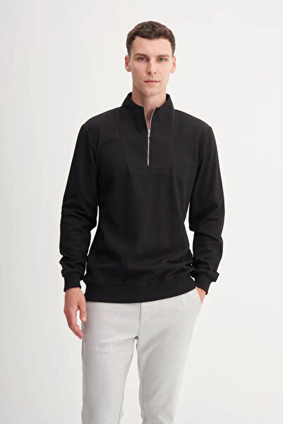 Cazador Premium Thick Textured Stand Collar Zippered Black Men's Sweatshirt 5...