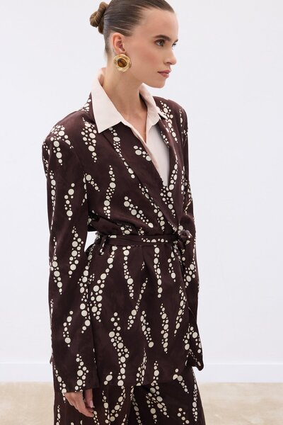 Sateen Desenli Uzun Ceket - Kahve