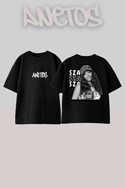 Anetos Sza Sticker Design Spate cu imprimeu Bumbac Negru supradimensionat tricou
