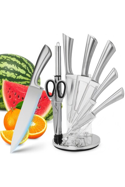 Other Zestaw noży kuchennych z nożycami ostrzałką obieraczką w przezroczystym stojaku - 9 el.