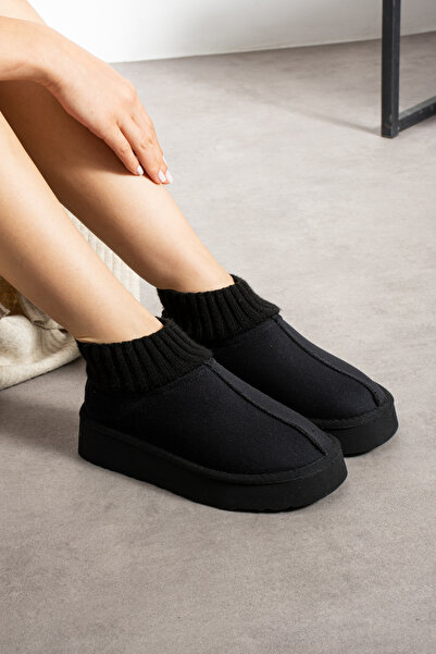 pasyone Μαύρα γυναικεία πλεκτά μποτάκια με ψηλή σόλα, χοντρή σόλα, σουέτ, επένδυση από γούνα, κομψά καθημερινά μποτάκια