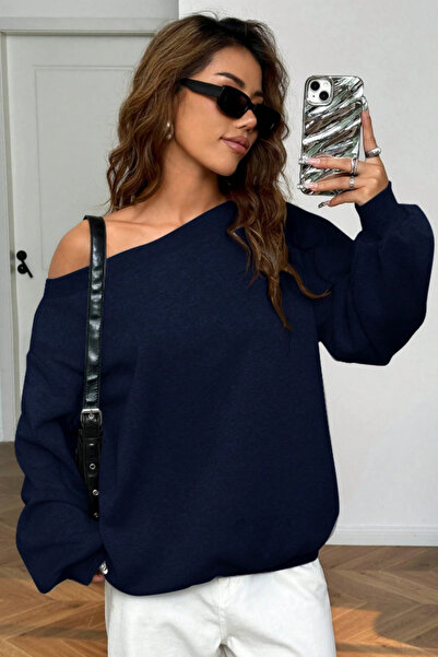 Tarz Cool Γυναικείο φούτερ Navy Blue Boat Neck 3 Threaded Ş επένδυση fleece O oversized