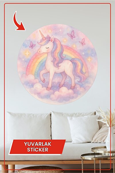 KOSS Dijital Pastel Unicorn Yuvarlak Sticker Gökkuşağı ve Bulutlar Arasında S...