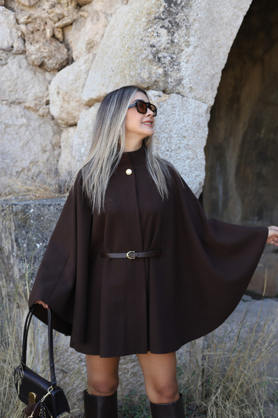 bytugcekaya Brown Standard Size Button Detailed Belted Cashmere Poncho