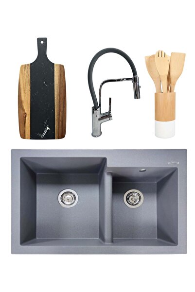 SanDonna Pachet chiuvetă bucătărie din granit compozit cu 2 cuve Edyta + baterie flexibilă Andra albă + cuvetă