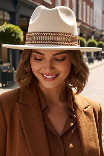 Mood Agenda Women's Wide Brim Bohemian Style Striped Fedora Cashmere Hat