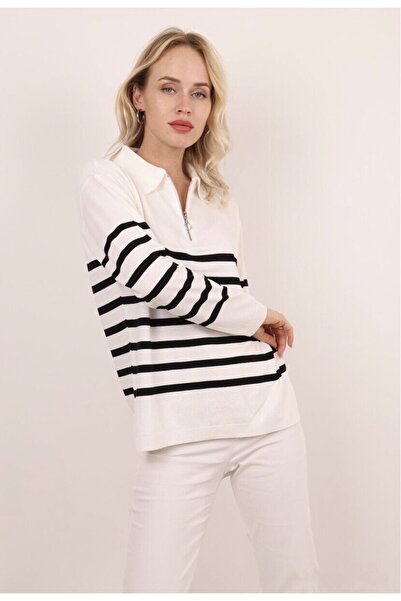 Damlabutiks Polo Yaka Fermuar Ve Çizgili Merserize Kadın Triko