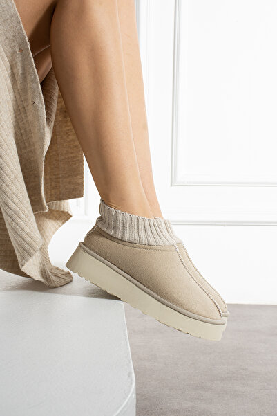 pasyone Бежеві жіночі трикотажні черевики з високим халявою, товстою підошвою, замшевою підкладкою та хутряною підкладкою.