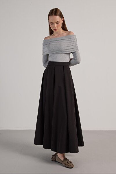 minaaise Women's Black Patchwork Detailed Premium Long Skirt 30054