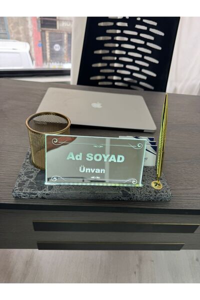 Digital Mermer desenli aynalı masa isimliği- kalemlik ve kartvizitlikli kişiy...