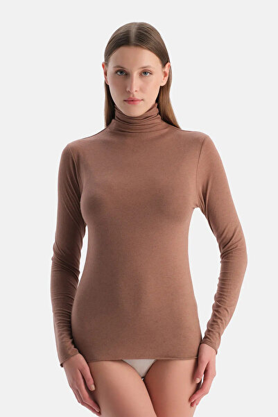 Dagi Mocha Modal Cashmere High Neck Long Sleeve Top