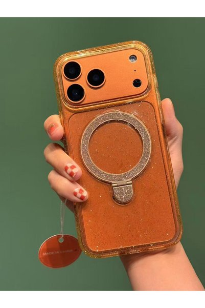 Fibaks iPhone 17 Pro/18 Pro Case Glittery Orange Translucent Hard Back Magsafe Ring Stand 360 Rotating