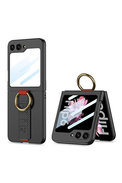 Aden Galaxy Z Flip 6 Compatible Case with Camera Protection and Ring Carbon Design Flip Ring Case-S Black