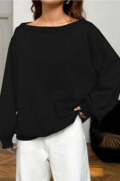 Tarz Cool Γυναικείο φούτερ με λαιμόκοψη μαύρο 3-κλωνό επένδυση fleece O oversized