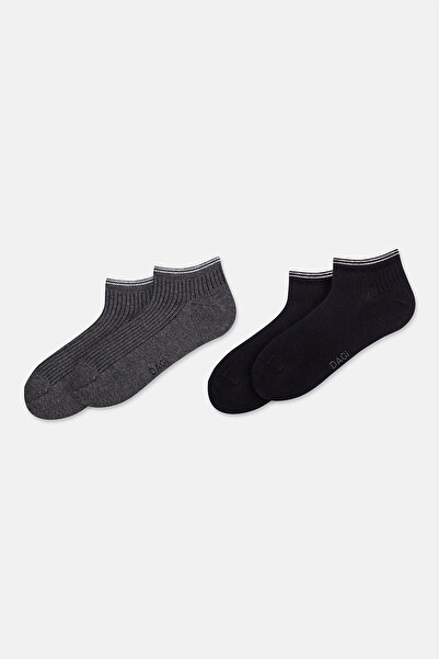 Dagi Black-Anthracite Melange Men's 2-Piece Cotton Rib Textured Booties Socks