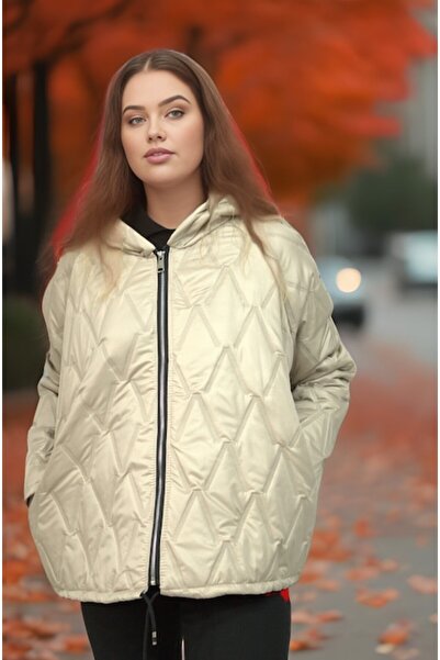 OEM Women's beige oversized jacket, large fit, with hood and zipper - size M (fits like L)