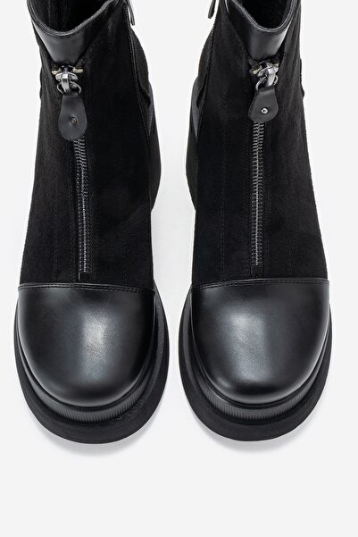 LuviShoes Γυναικείες μπότες με τακούνι πλατφόρμας ANETT με φερμουάρ από μαύρο δέρμα-σουέντ