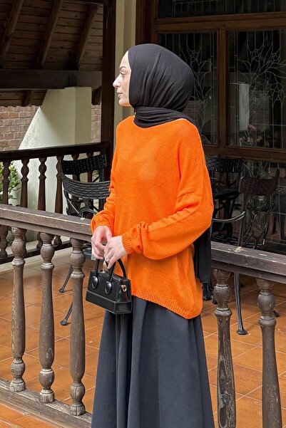 lamelif Πλεκτό πουλόβερ με λαιμόκοψη καγιάκ πορτοκαλί