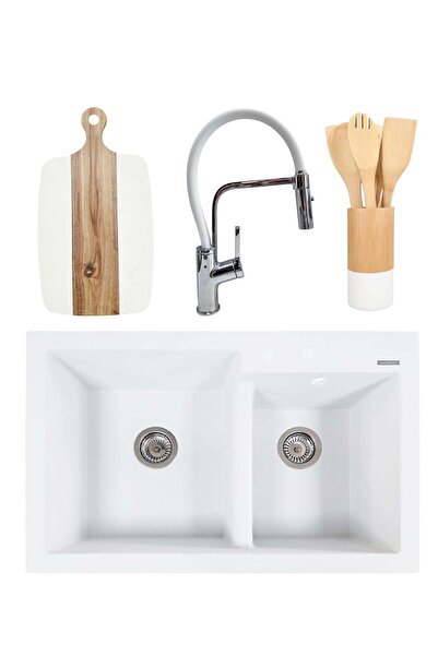 SanDonna Pachet chiuvetă bucătărie din granit compozit cu 2 cuve Edyta + bate...