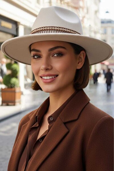 Trenderrs Women's Wide Brim Bohemian Style Striped Fedora Cashmere Hat