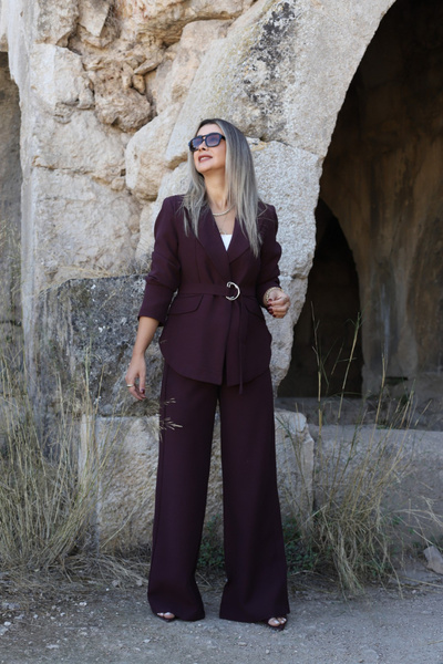 bytugcekaya Burgundy Oversize Self-Belted Blazer Jacket