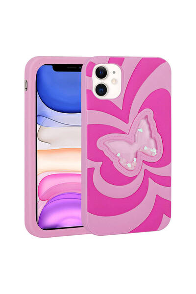 Aden iPhone 11 Compatible Liquid Glitter Butterfly Design Vodena Case-Pink Dark