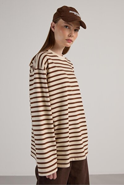 minaaise Γυναικείο φούτερ ριγέ oversized καφέ κρεμ 30010