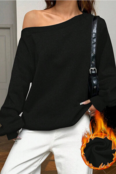 Tarz Cool Γυναικείο φούτερ με λαιμόκοψη μαύρο 3-κλωνό επένδυση fleece O oversized