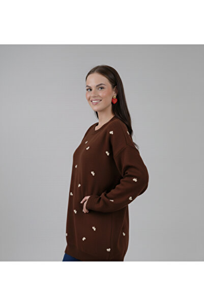 hayal giyim Elegant Bow Embroidered Knit Sweater - Brown