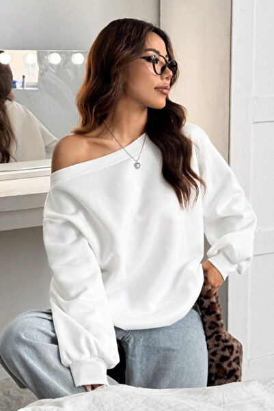 Tarz Cool Γυναικείο φούτερ με λευκό λαιμόκοψη 3 νήματα Ş επένδυση fleece O oversized