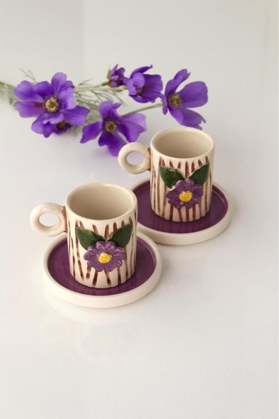 Generic Brand Handmade Design Purple Floral Log 2-Person 4-Piece Coffee Cup Set
