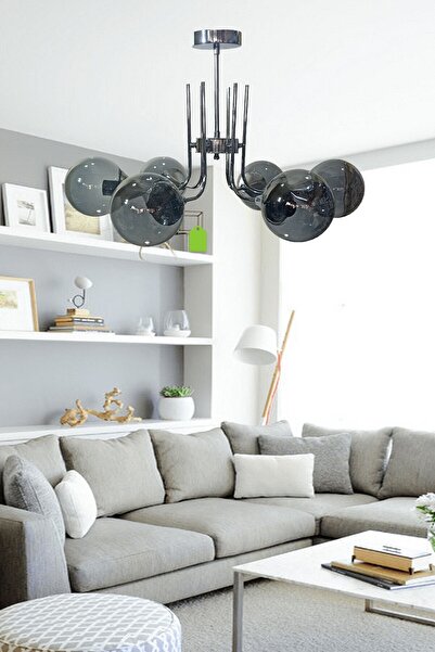 Uçar İdil Modern Tasarım Yatak Odası Mutfak Salon Oturma Odası Krom Renk Füme Camlı 6 lı Avize