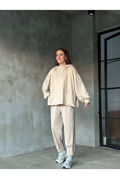 MAMAYAGA Women's Oversized Zippered Hooded Sweatshirt Pleated Leg Suitable for Hijab Sporty Stylish Tracksuit Set