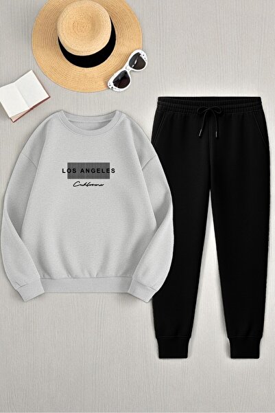 uyguntarz Unisex Los Angeles Printed Oversize Crew Neck Sweatshirt 2-Piece Tracksuit Set