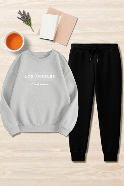 uyguntarz Unisex Los Angeles Baskılı Oversize Bisiklet Yaka Sweatshirt 2'li Eşofman Takımı