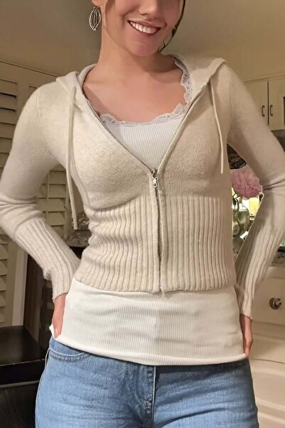 Köstebek Hooded Elastic Knit Waist Crop Cardigan