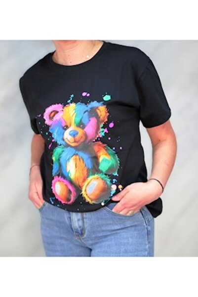 OEM Women's T-shirt, multicolor bear print, black, size S-M INTL