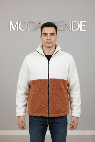 No Plan Men's Regular Fit Color Block Zip-Up Plush Jacket - White/Cinnamon