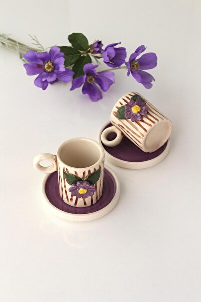 Dİ TAZZA El Yapımı Tasarım Mor Çiçekli Kütük 2 Kişilik 4 Parçalı Kahve Fincan...