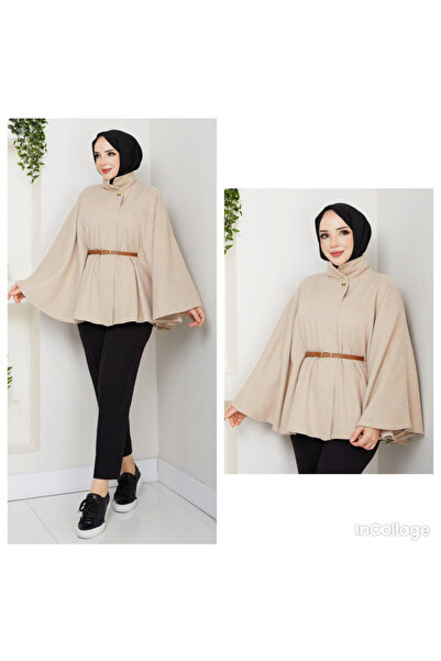 Moda New Face New Season Women's Button Detailed Belted Cashmere Poncho