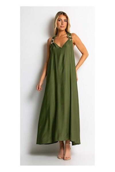 OEM Olive Green Viscose Long Dress with Metal Accessories on the Straps size S-M-L INTL