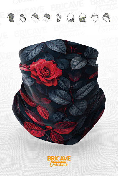 Bricave Tekli Kırmızı Gül Desenli Motosiklet Bandana Boyunluk Maske