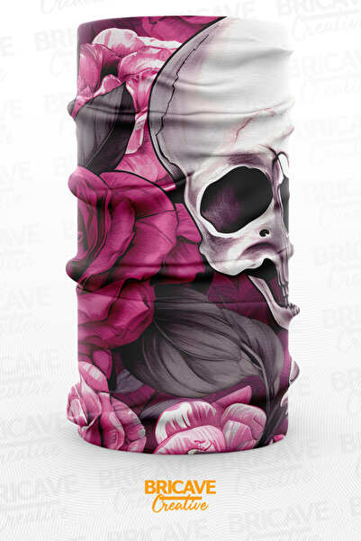 Bricave Mor Pembe Çiçekli Kuru Kafa Tasarımlı Motosiklet Bandana Boyunluk Maske