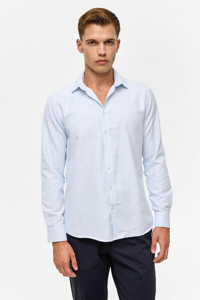 SÜVARİ Slim Patterned Classic Collar Blue Men's Shirt Gm2025500488