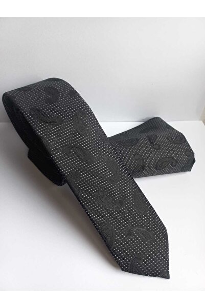 Kravatistan Black Shawl Patterned Thin Tie Handkerchief Set