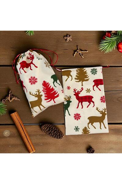Poros Store Hediye Paketi 20x30cm Yılbaşı Geyik Desenli Hediye Kesesi Kumaş