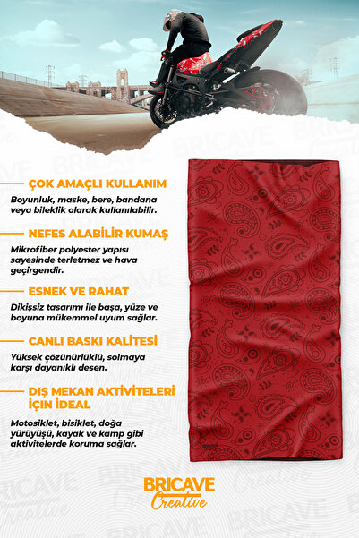 Bricave Kırmızı Paisley Desenli Motosiklet Bandana Boyunluk Maske